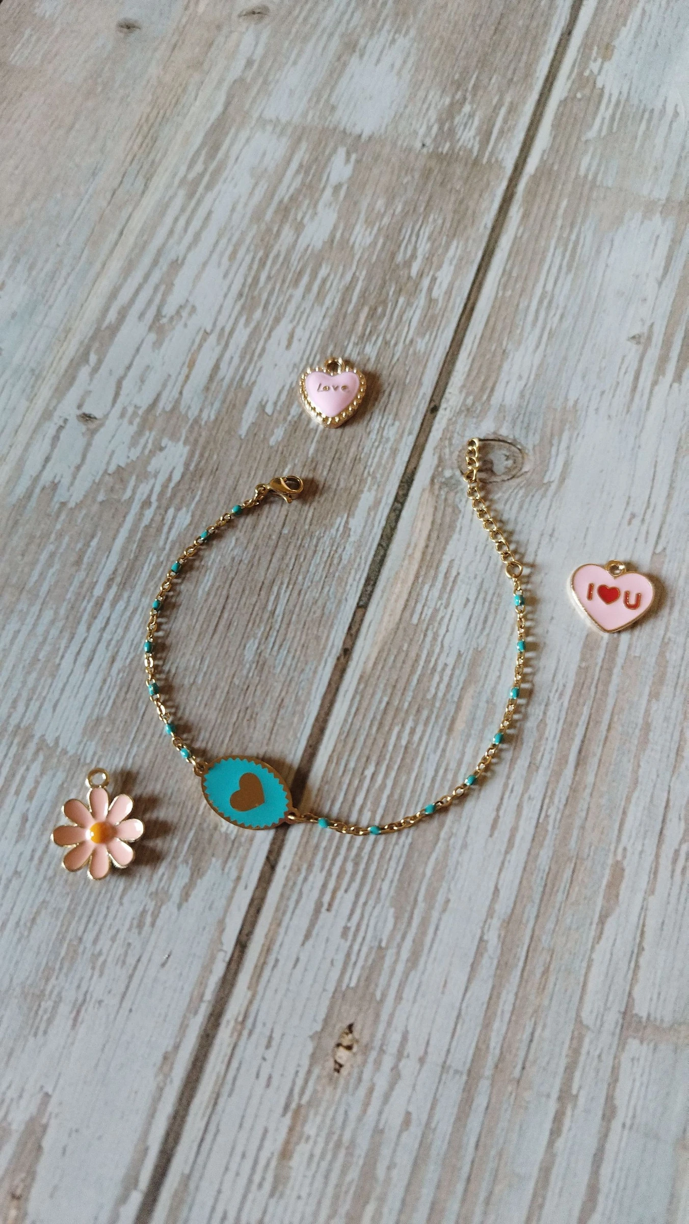 Bracelet doré et bleu médaille coeur en acier inoxydable 